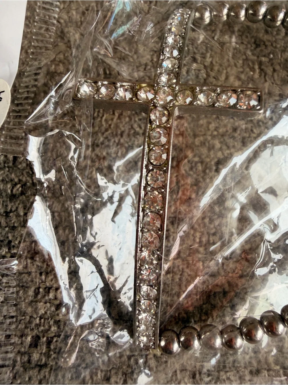 Silver Tone Rhinestone Sideways Cross Beaded Statement Bracelet